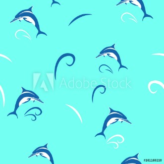 Picture of Dolphin  stylized  Vector seamless pattern on blue  background
